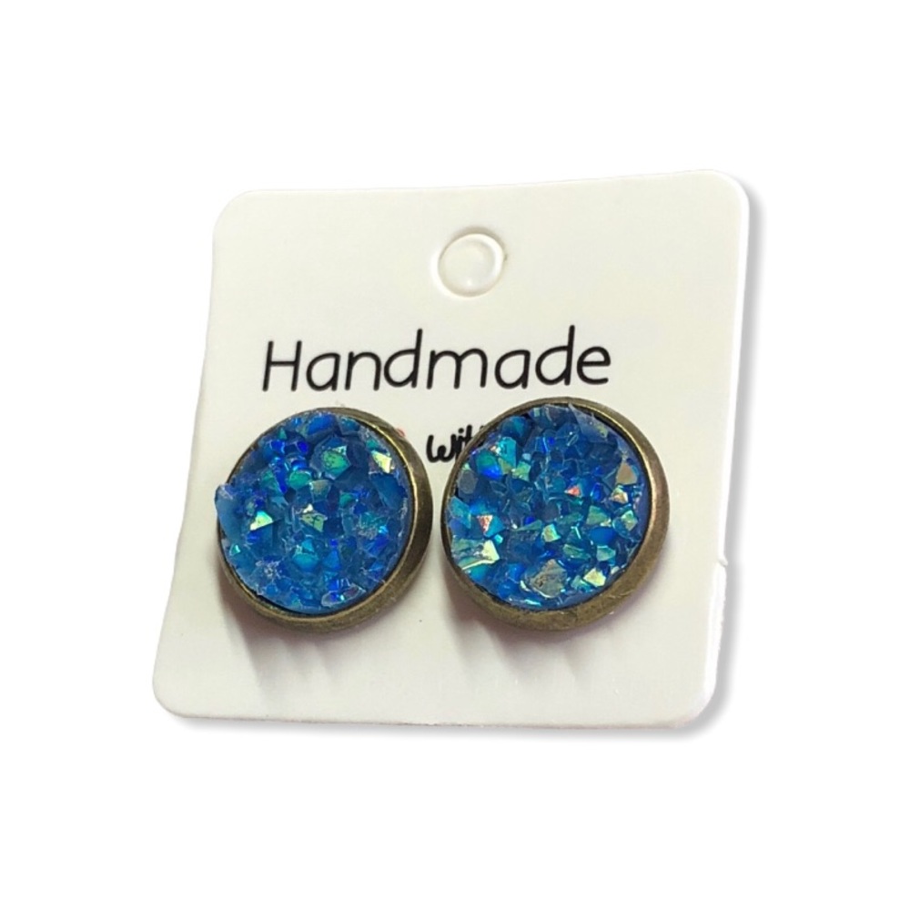 AB Blue Crystal Chunky Druzy Stud Earrings! - Picture 2 of 16